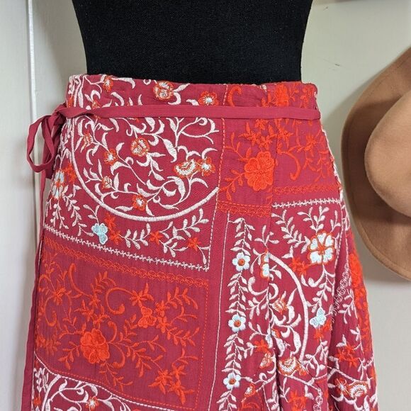 Anthropologie Red White Embroidered Wrap Tie Waist Skirt 6 Coastal Cowgirl - Picture 8 of 13